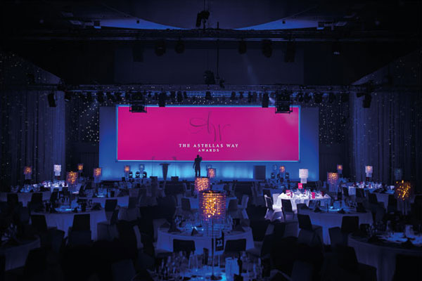 Corporate event with stage and tables set up